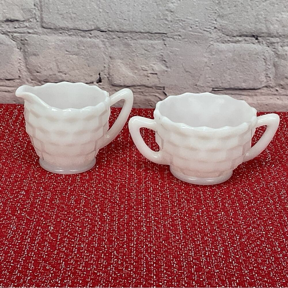 Vintage Opaque by Hazel-Atlas Cubist Sugar/Creamer Milk Glass White Collectible